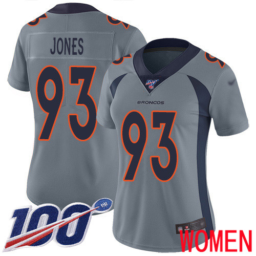 Women Denver Broncos #93 Dre Mont Jones Limited Silver Inverted Legend 100th Season Football NFL Jersey->women nfl jersey->Women Jersey